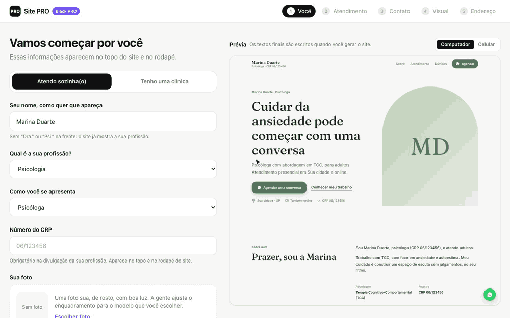 Passo a passo: preencher os dados, escolher o modelo e as cores, e o site pronto no ar